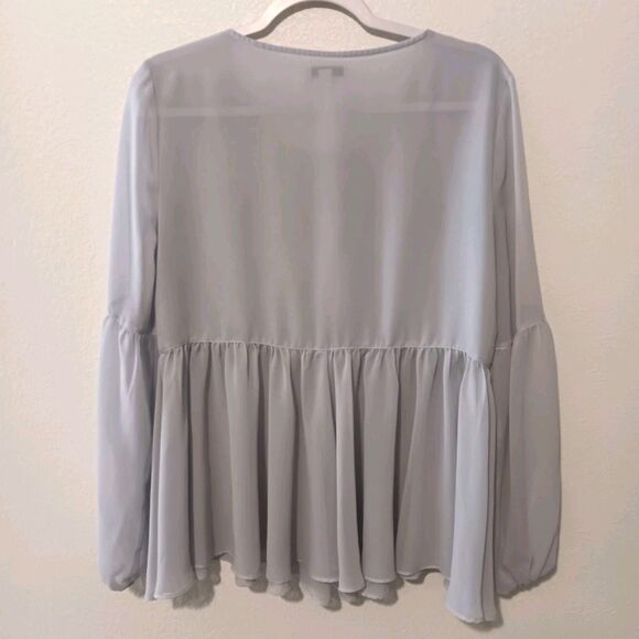 Halston Light Blue Sheer Blouson Sleeve Peplum Blouse Sz M - Picture 6 of 10